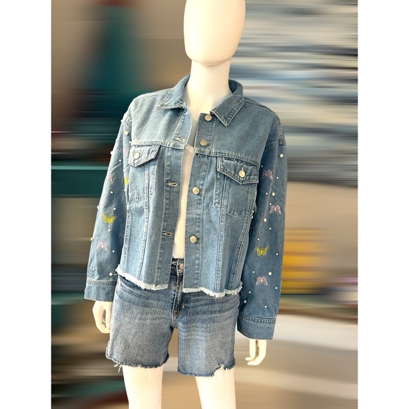 PEACH LOVE CALIFORNIA Butterfly & Pearls Jean Jacket S M L - Picture 5 of 8